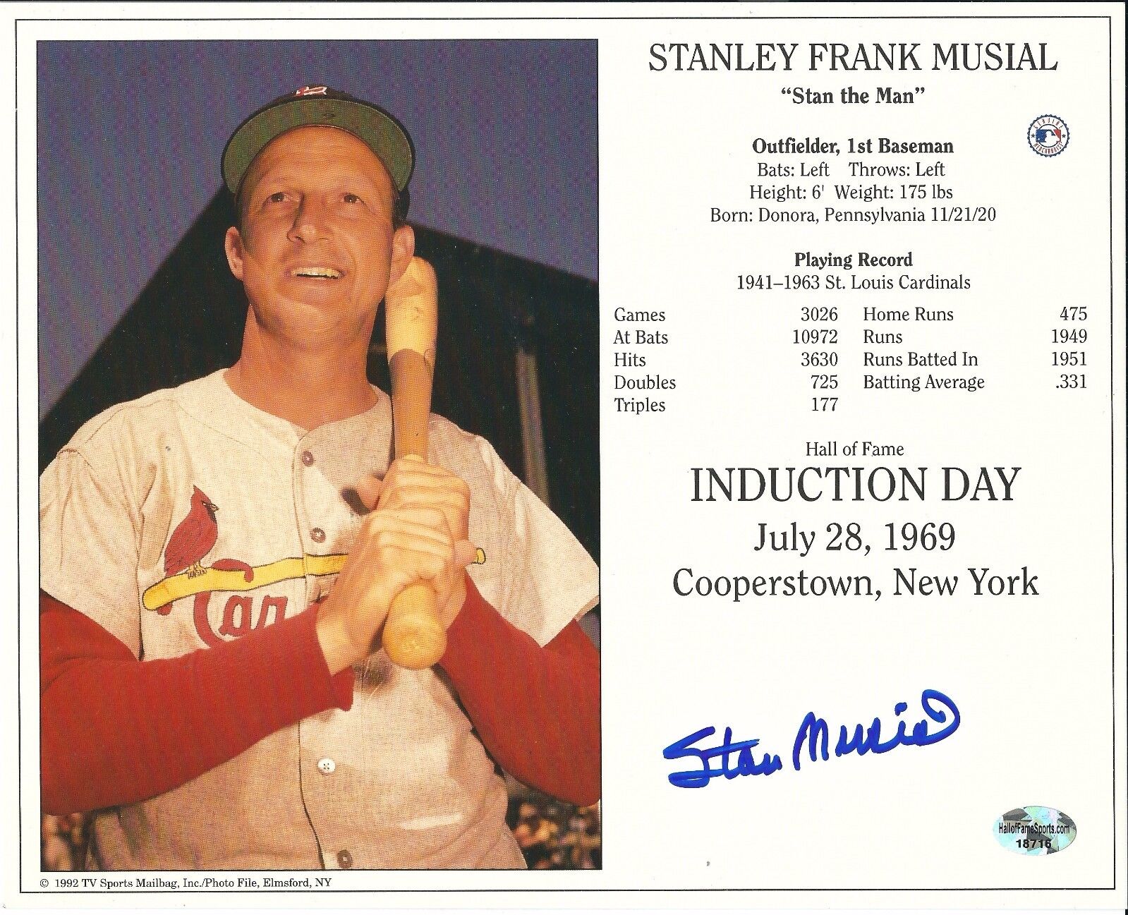 Autographed STAN MUSIAL 8x10 HOF Induction Card Photo Poster painting With COA