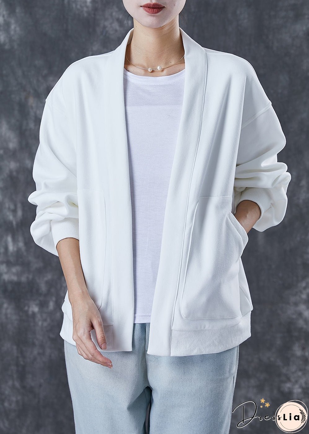 Simple White Oversized Pockets Cotton Cardigan Spring