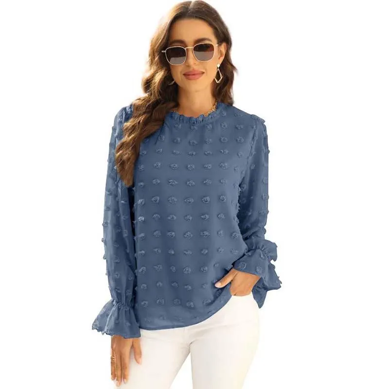 Women Solid Blouse Fashion Jacquard Stand Neck Long Sleeve Chic Office Work Tops Lady Plus Size Casual Elegant Chiffon Shirts