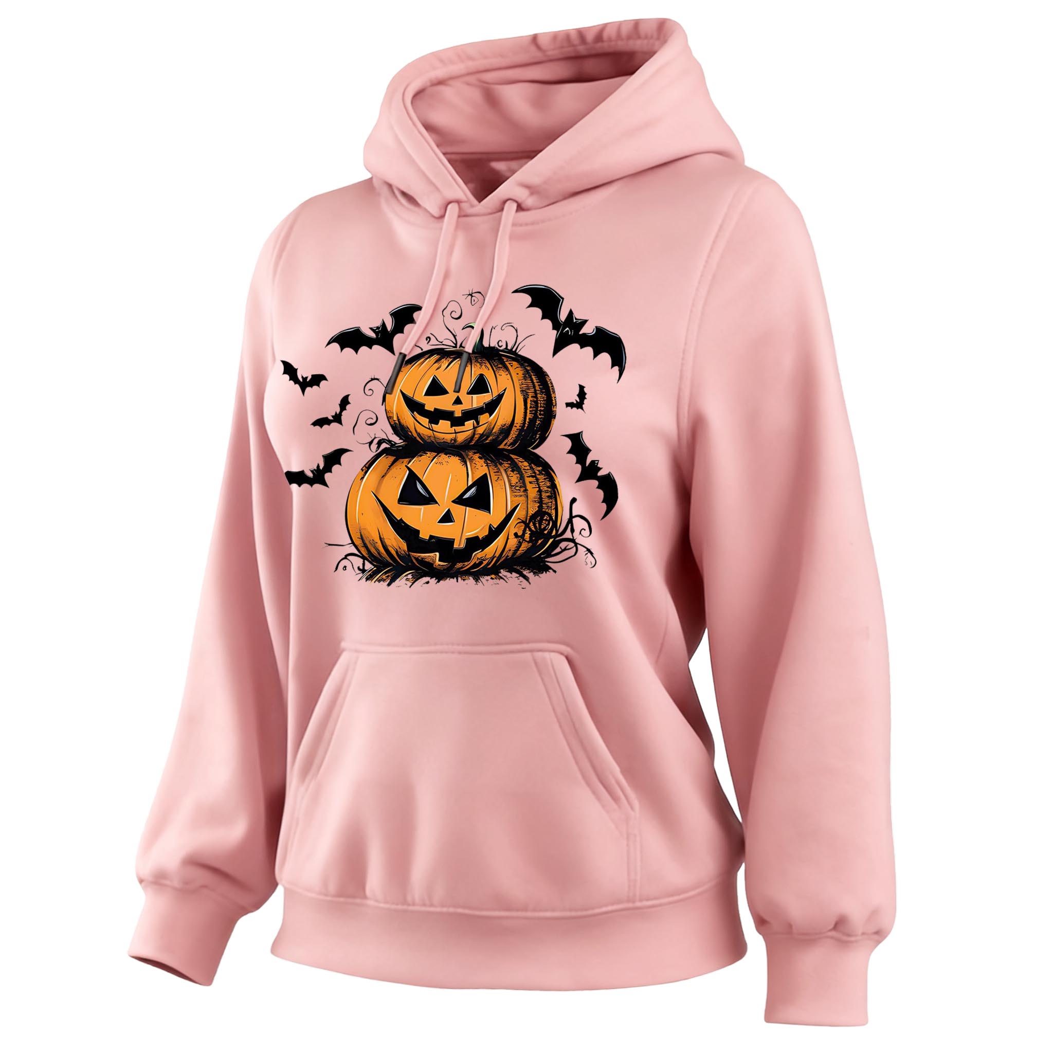 Women's Vintage Halloween Spooky Bat And Pumpkin Halloween Print Pocket Long-Sleeve Hoodie