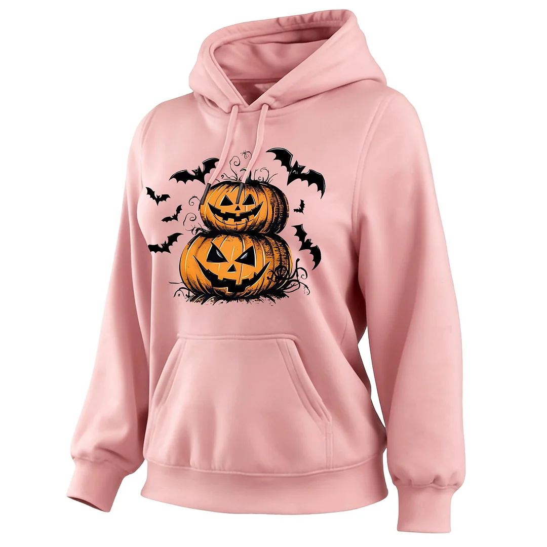 Women's Vintage Halloween Spooky Bat And Pumpkin Halloween Print Pocket Long-Sleeve Hoodie