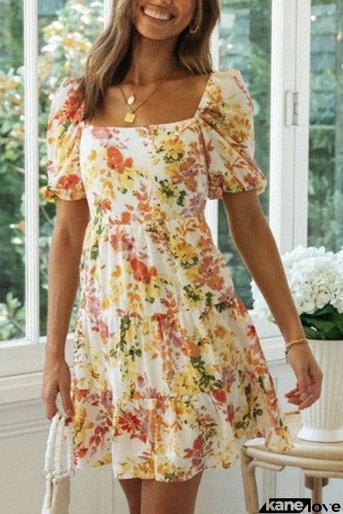 Split Sweet Chiffon Printing Mini Dress