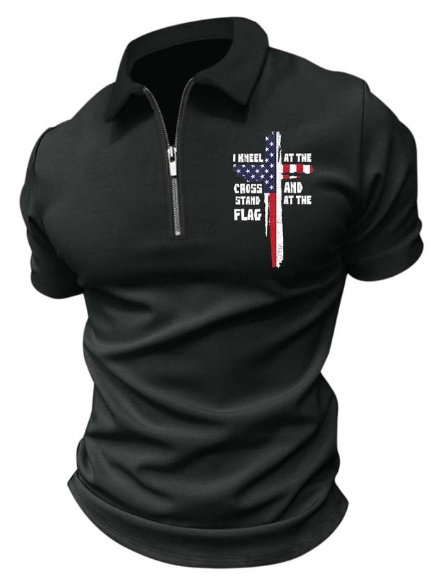 Men’s I Kneel At The Cross And Stand At The Flag Regular Fit Casual Polo Shirt socialshop