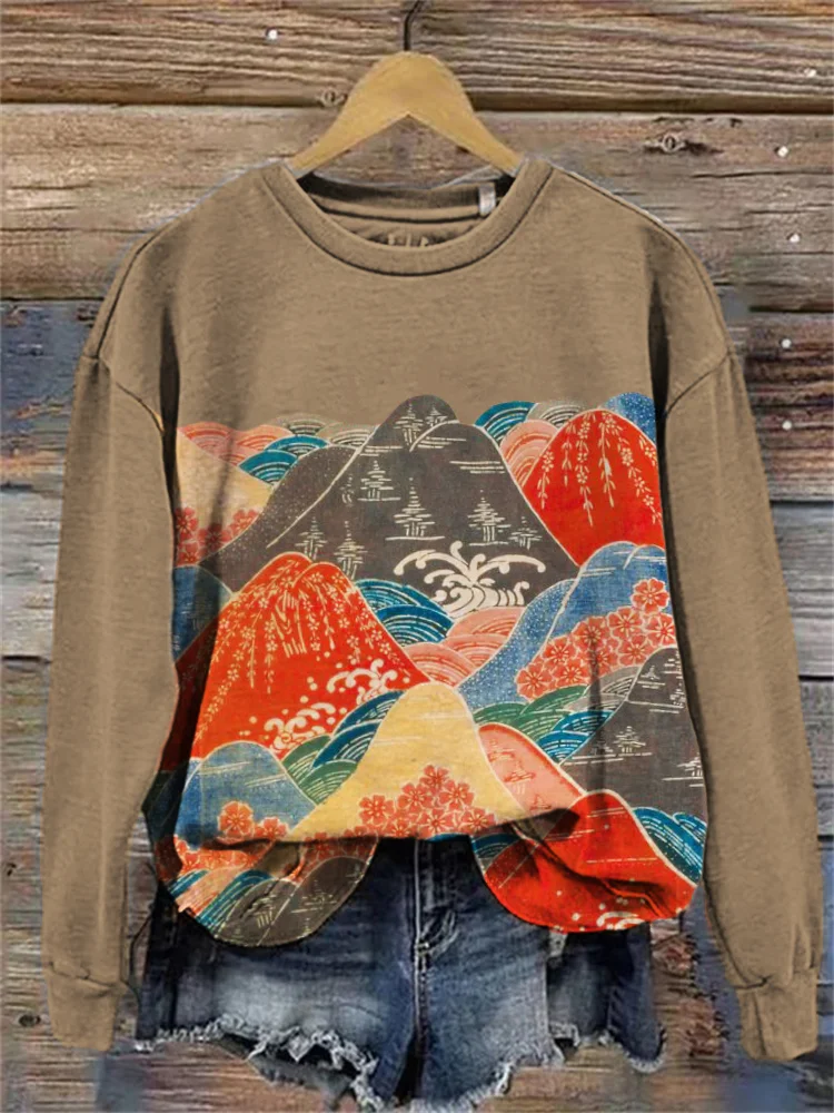 Colorful Mountains Landscape Japanese Art Contrast Sweatshirt