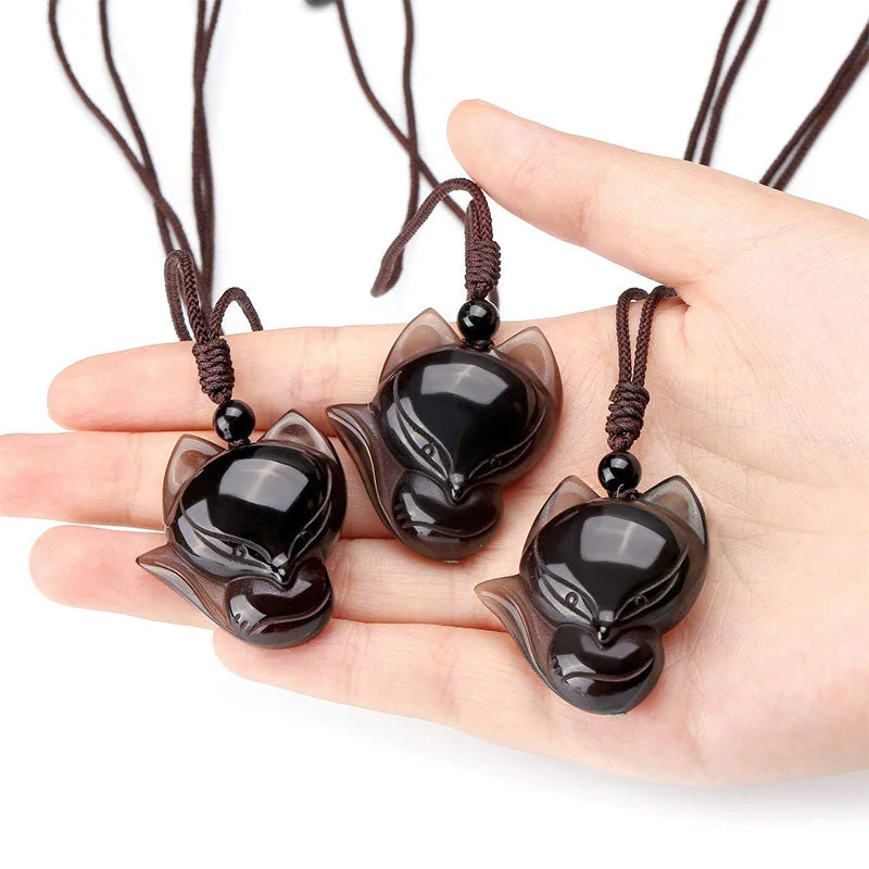 Natural Black Obsidian Tiger Eye Ice Obsidian Fox Pendant Amulet Necklace