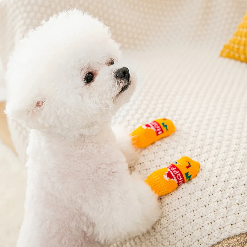 Sdrawing Cute Puppy Dog Socks Cartoon Printed Anti Slip Knit Socks Winter Warm Puppy Shoes Small Medium Dogs Boots Pet Products