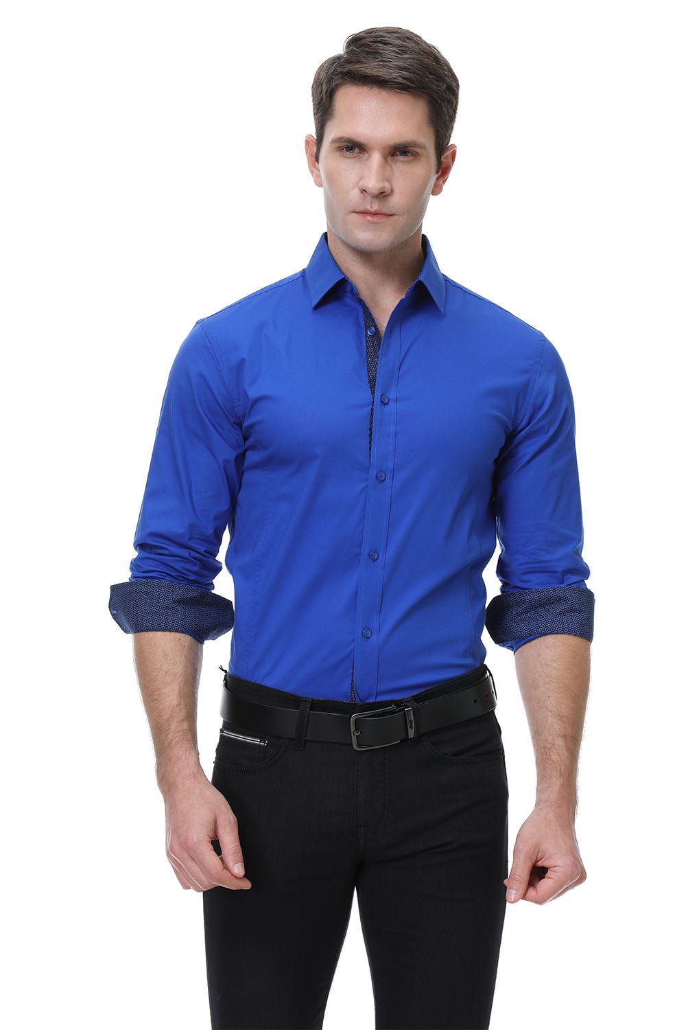 Men's Casual Long Cotton Stretch Shirt Royal Blue Alex Vando Fashion