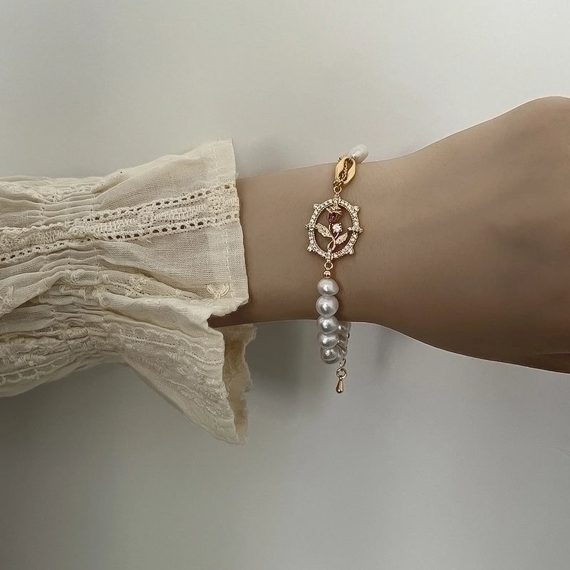 Copper 18K Gold Plated Beach Artistic Shiny Rose Pearl Hollow Out Inlay Zircon Bracelets Necklace