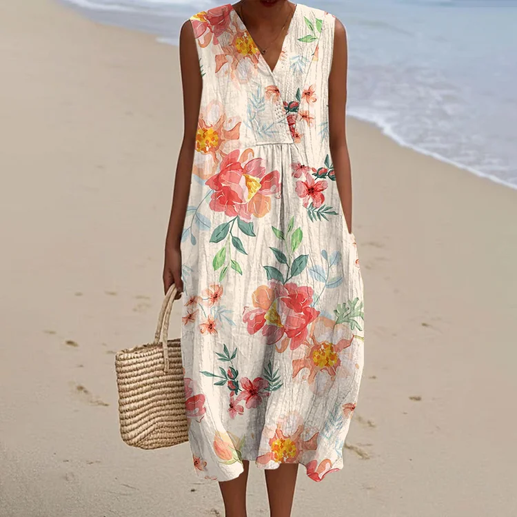 Women's Vintage Flowers  Art Print Sleeveless Cotton Pocket Wrap V Neck Dress