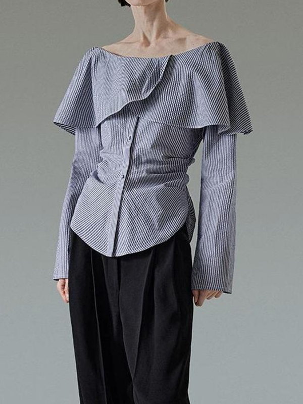 Striped Off The Shoulder Long Sleeve Ruffle Blouses