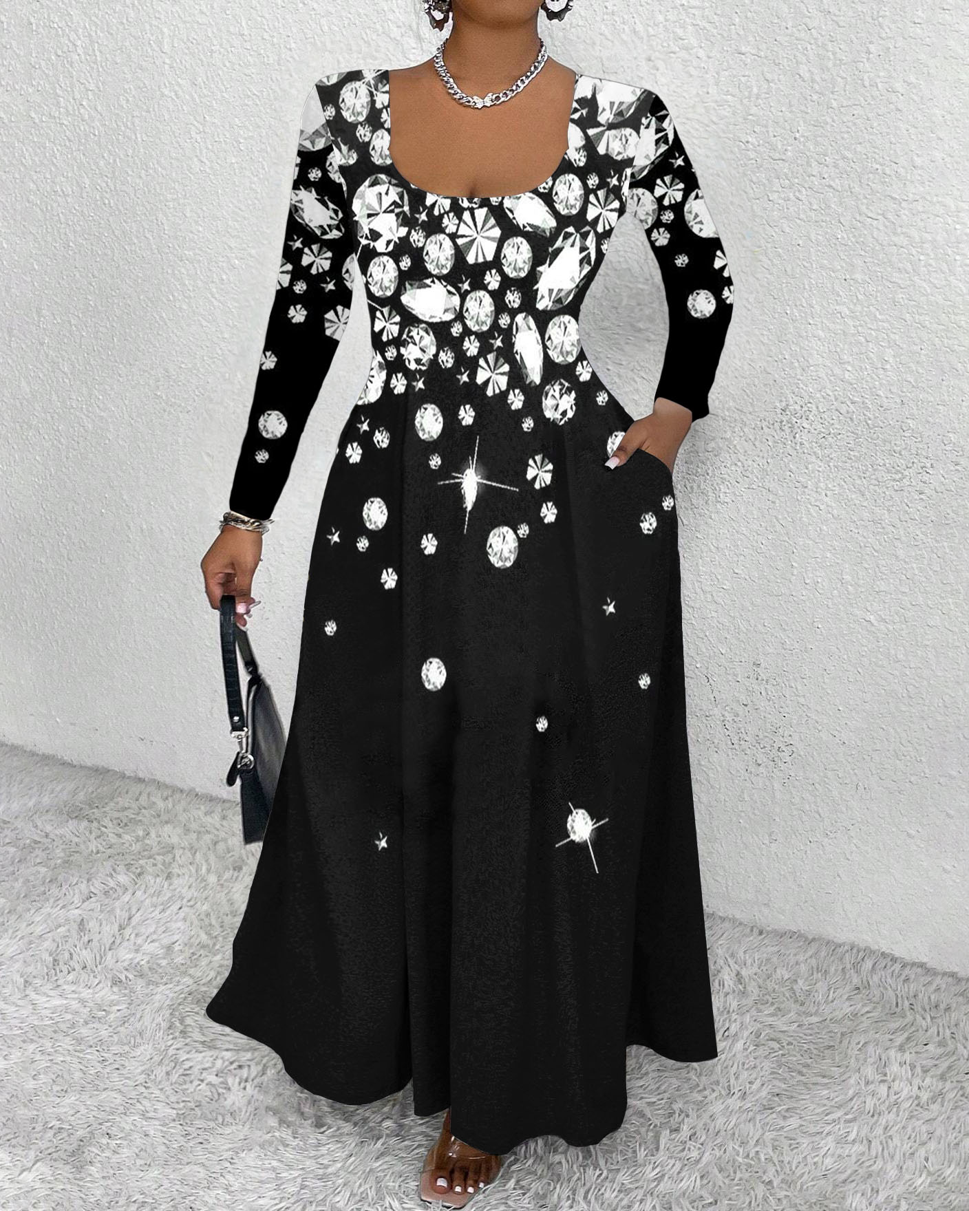 Diamond Print Round Neck Long Sleeve Maxi Dress