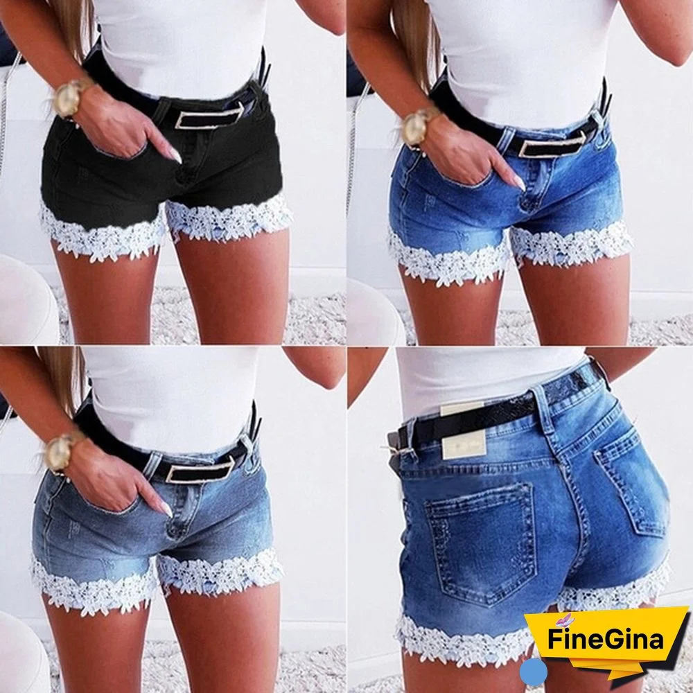 Women Slim Denim Shorts Stretch Lace Stitching Jeans Shorts Ladies Casual Regular Short