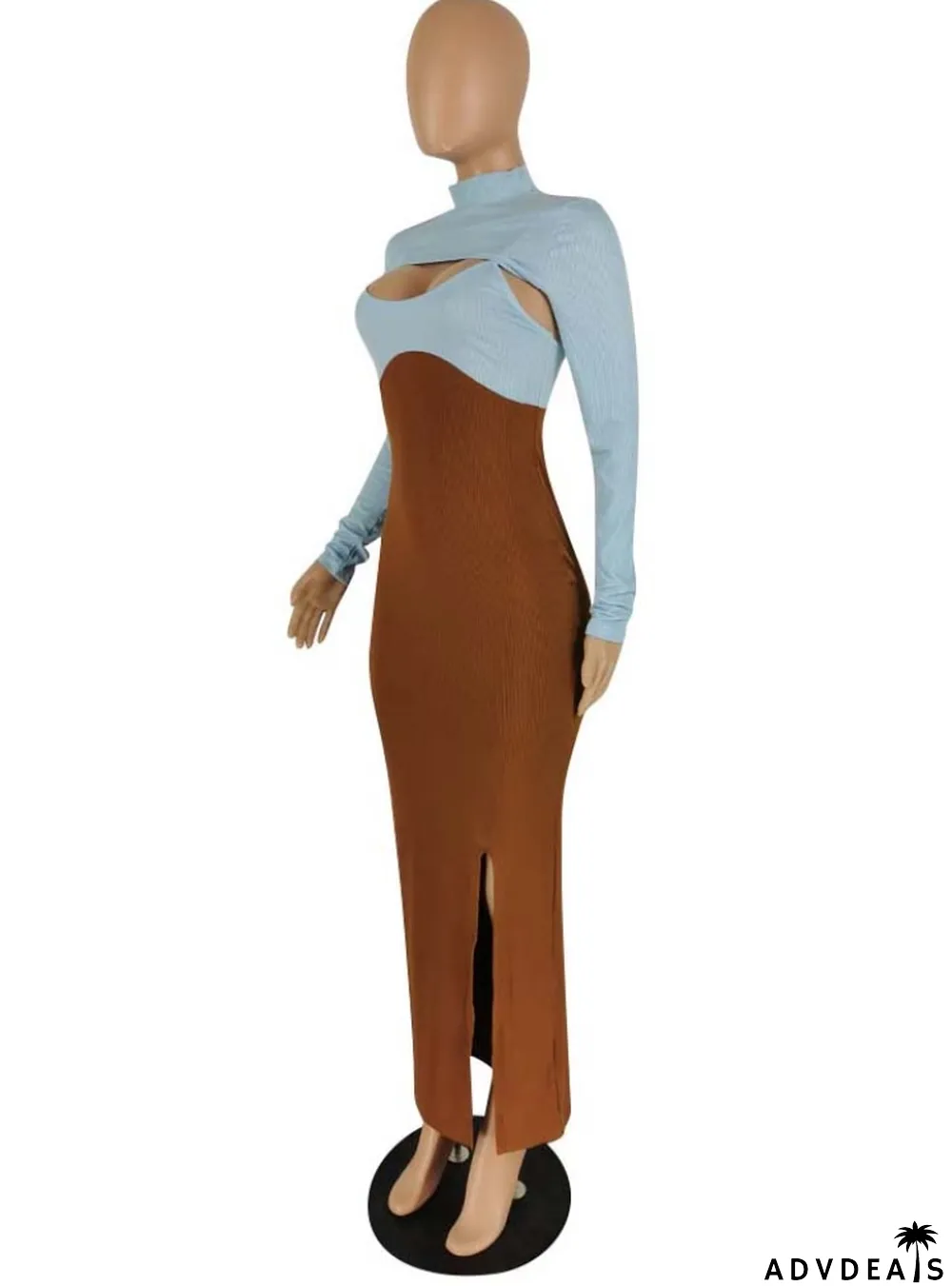 Fall Sexy Blue Contrast Brown Hollow Out High Neck Long Sleeve Slit Long Dress