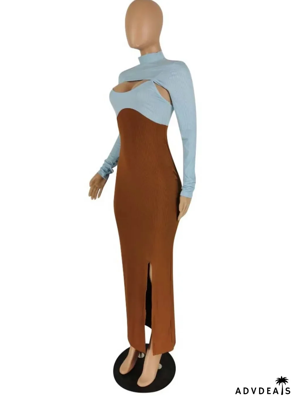 Fall Sexy Blue Contrast Brown Hollow Out High Neck Long Sleeve Slit Long Dress