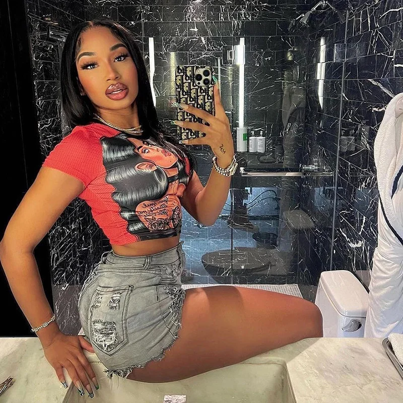 Uveng Women's Clothing 2024 Summer New Personalized Knitted Prints Fashion Open-Envested Round T-Shirt