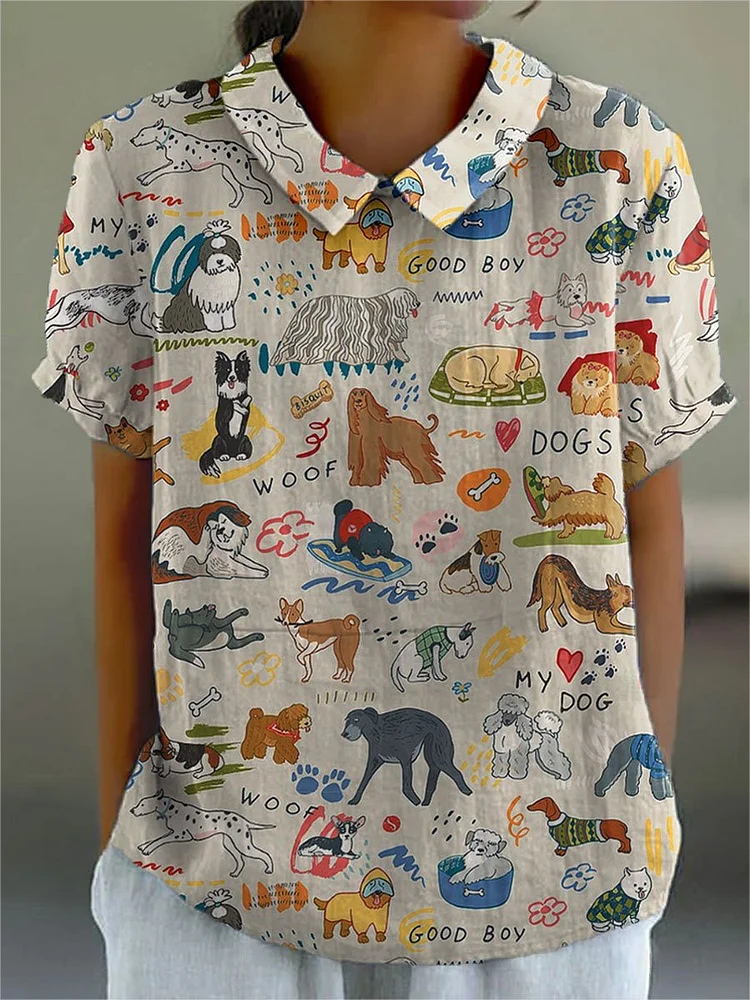 Women's Cute Dog Print Casual Cotton And Linen Shirt