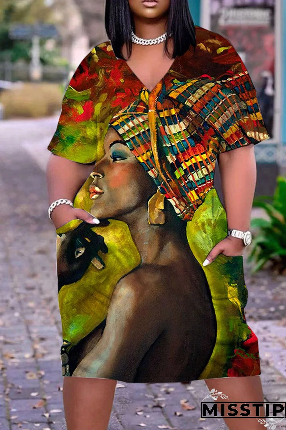 Olive Green Casual Print Patchwork V Neck Straight Dresses