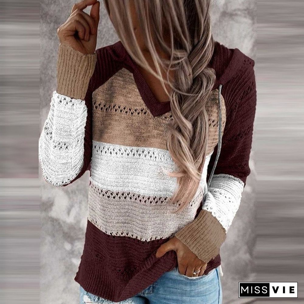 New Fashion Stitching V-neck Hooded Sweaters for Women Autumn Hollow-out Knitted Sweater Color Block Pullover Hoodies Coat