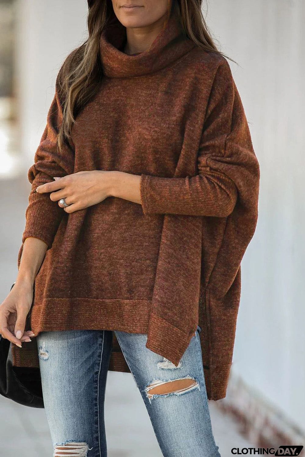 Turtleneck Bat Sleeve Side Slit Tunic Top