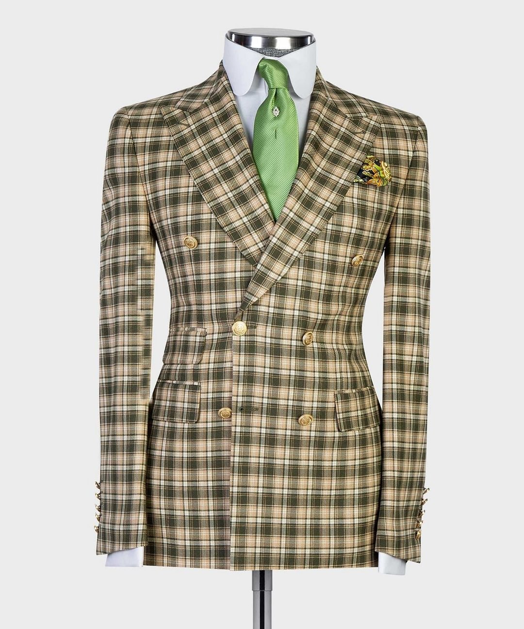Men's green plaid double breasted wide peak lapel 2pcs suit.