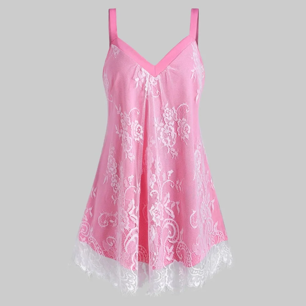 Plus Size Fashion Lace Mash Blouse Sexy Loose V-Neck Strap Tops Casual Summer Ladies Top Female Women Sleeveless Blusas Pullover