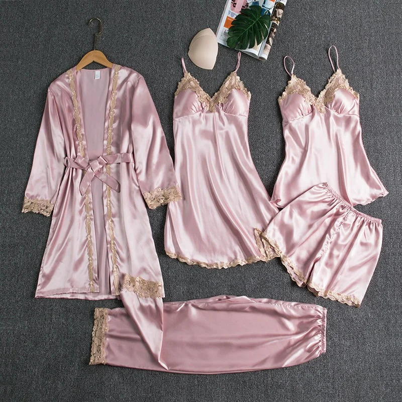 Brownm New Pajamas With Thoracic Silk Sexy Sling With Gold Lace Five-Piece Set Of Pajamas Thin Homewear