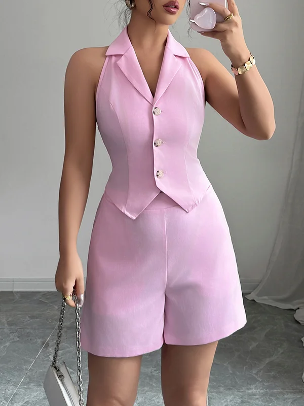 Solid Color Sleeveless Backless Buttoned Tied Notched Collar Vest Top + Elasticity Pockets Shorts Bottom Two Pieces Set