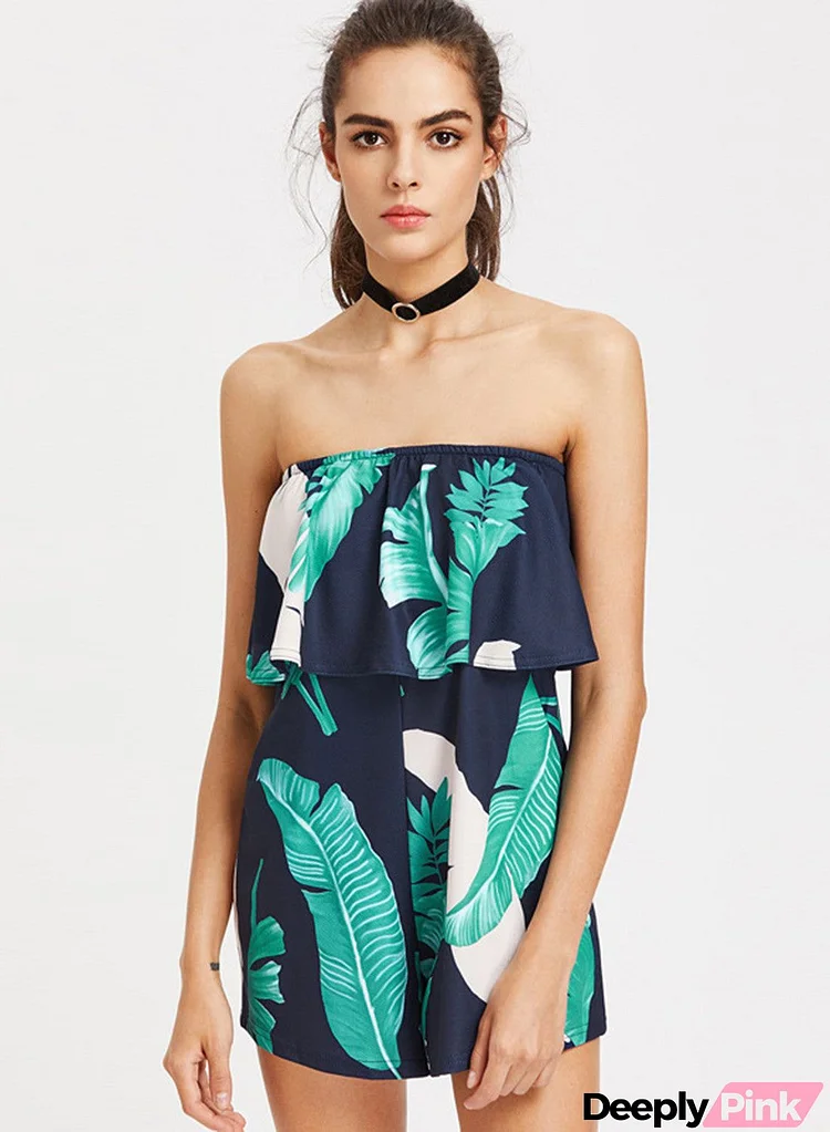 Strapless Palm Leaf Printed Ruffle Romper