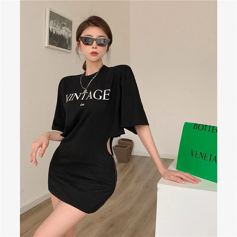 WOMENGAGA T Shirt Dress Women's Sexy Show Waist Slim Hip Mini Dresses 2021 Summer Tops New zipper Short Sleeve Letter Top S1KK