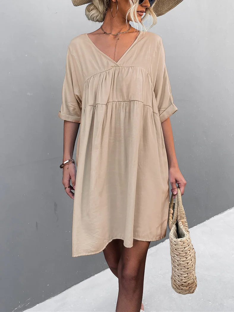 Women  Short Sleeve V-neck Mini Dress With Pockets