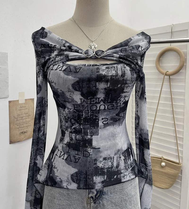 Nigikala Nigikala Shooting Strapped With Hollow Retro Print Long-Sleeved Mesh T-Shirt Ribbon Design Spring And Summer Top 1195