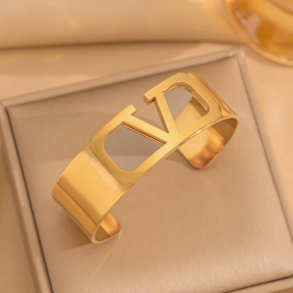 Wide Titanium Steel Bracelet C-Shaped Opening Size Adjustable Letters Simple And Stylish Design