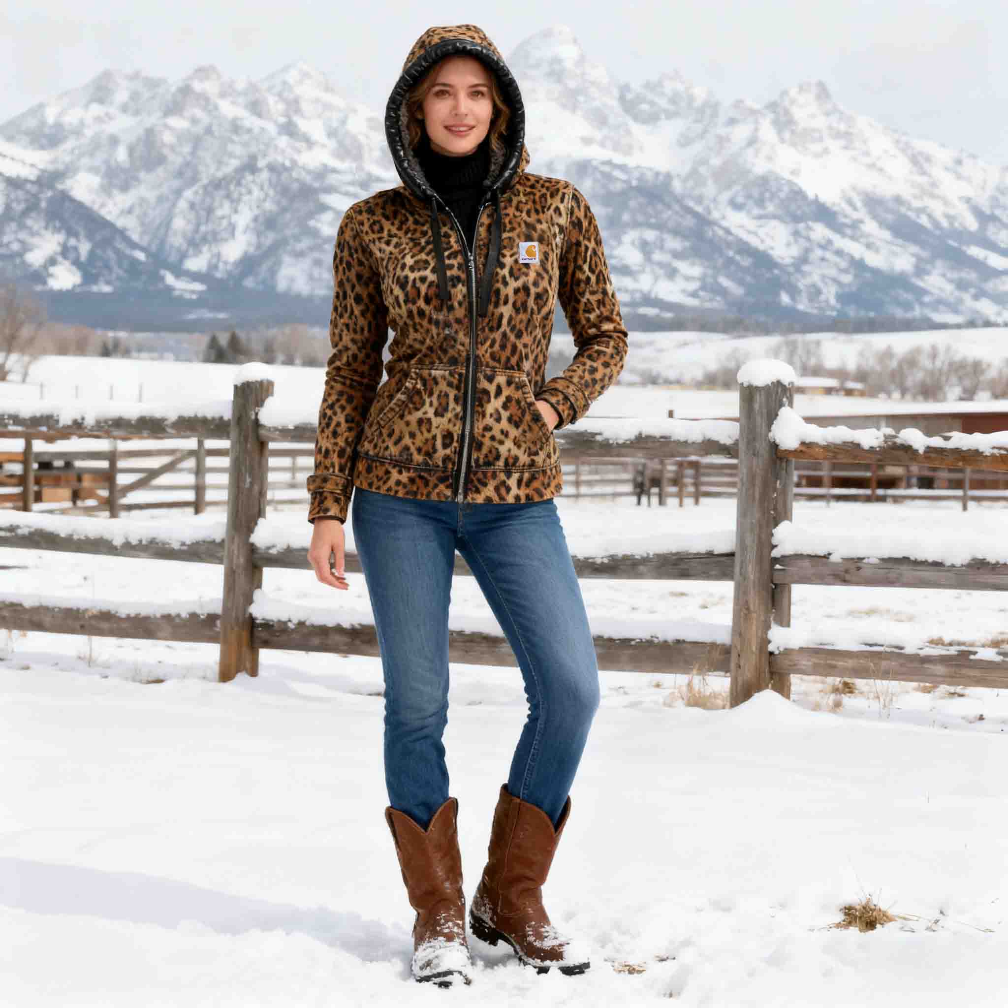 Women's Vintage Leopard Print Patchwork Leather Fleece Hooded Jacket