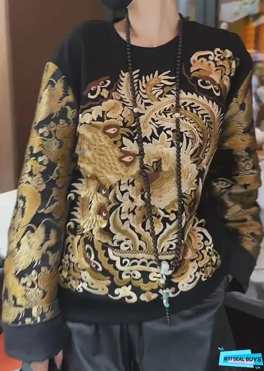 Vintage Black Oriental Embroideried Cotton Sweatshirts Top Fall