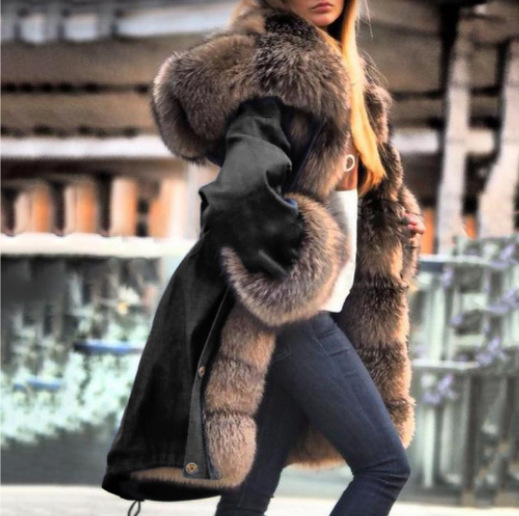  thdmladies Thick coat hooded single-breasted fur coat thedmladies