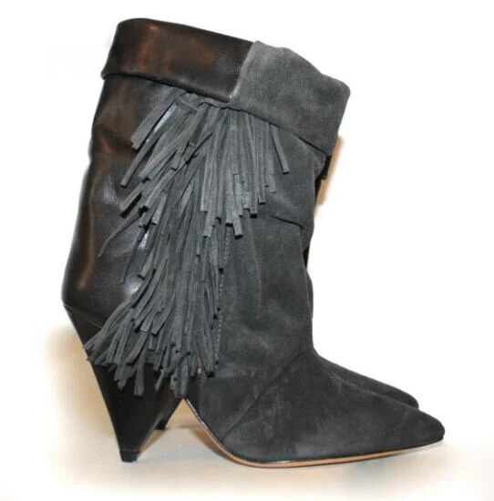 VCSHOES Roman Spike Heels Suede Patchwork Tassel Ankle Boots Pointed Toe Woman Boots Fringe Riding Boots