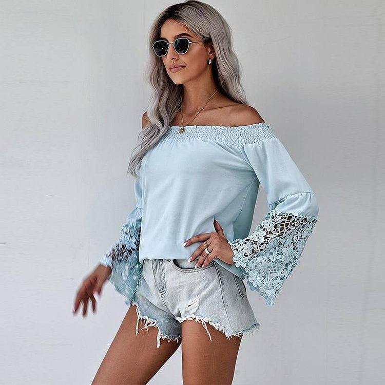 Autumn And Winter Sexy Woman Tshirts One-line Neck Long-sleeved Tops Solid Color Lace Cuffs All-match Women's Fall Clothing 2020