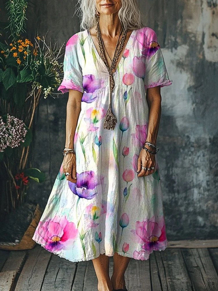 Women's Vintage  Art Print Pocket Cotton Dress