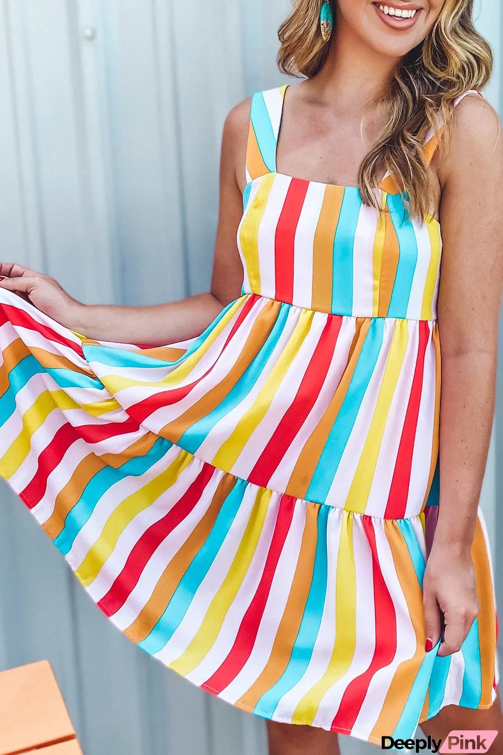 Multicolor Rainbow Stripe Print Tiered Sundress