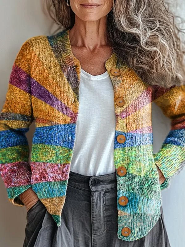 Colorful Quilted Landscape Art Print Buttoned Cardigan Sweater