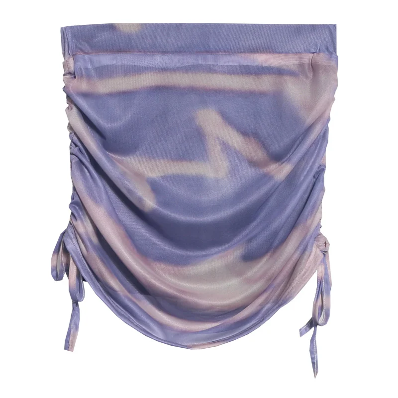 Uveng Solid Shot Tie-Dye Printing Net Yarn Rope With Folded Bag Hips Babes Short Skirt Anti-Light Repair Body Skirt 9919