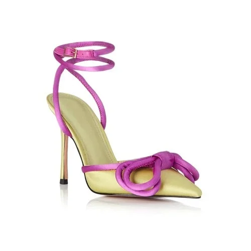 Colorblock Pointed Toe Bow Stiletto Mid-heel High Heels Women's Sandals