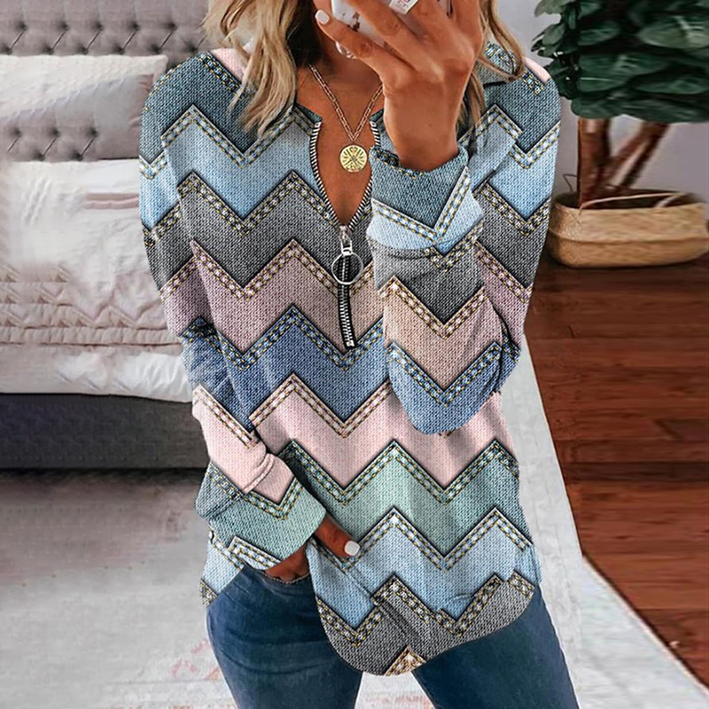 Vintage Geometric Print V Neck Long Sleeve Sweatshirt wearshes