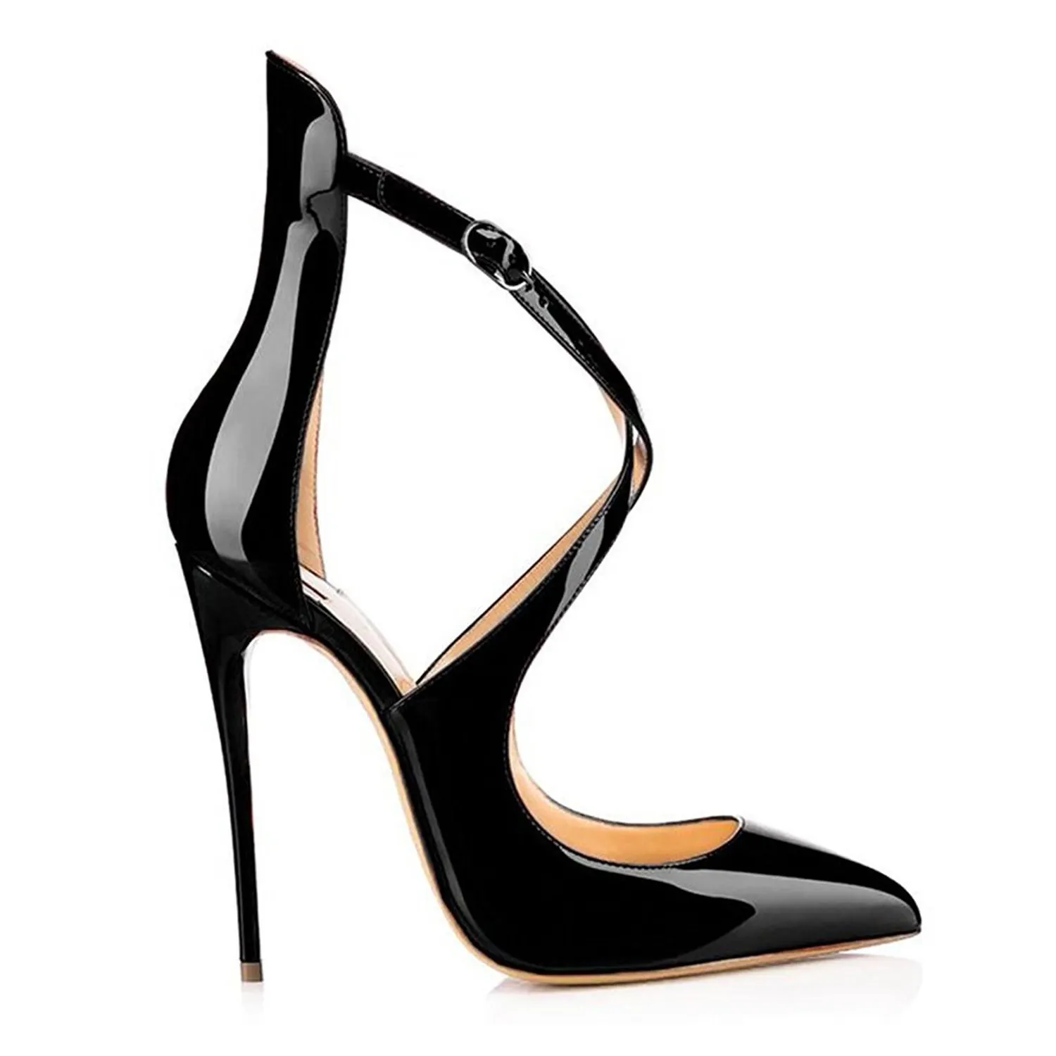 120mm Women's Pointed toe Cross Strap Sexy Cut High Heels Pumps For Party Black Patent-vocosishoes
