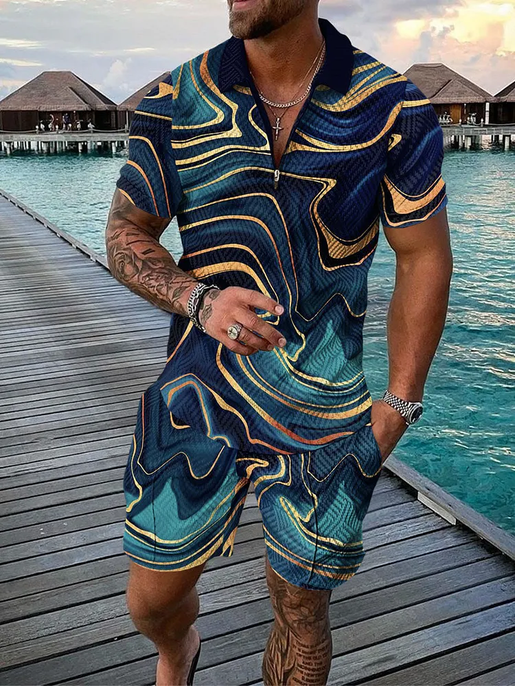 Men's Fashion Printed  Zip Polo Shirt and Shorts Two-Piece Suits