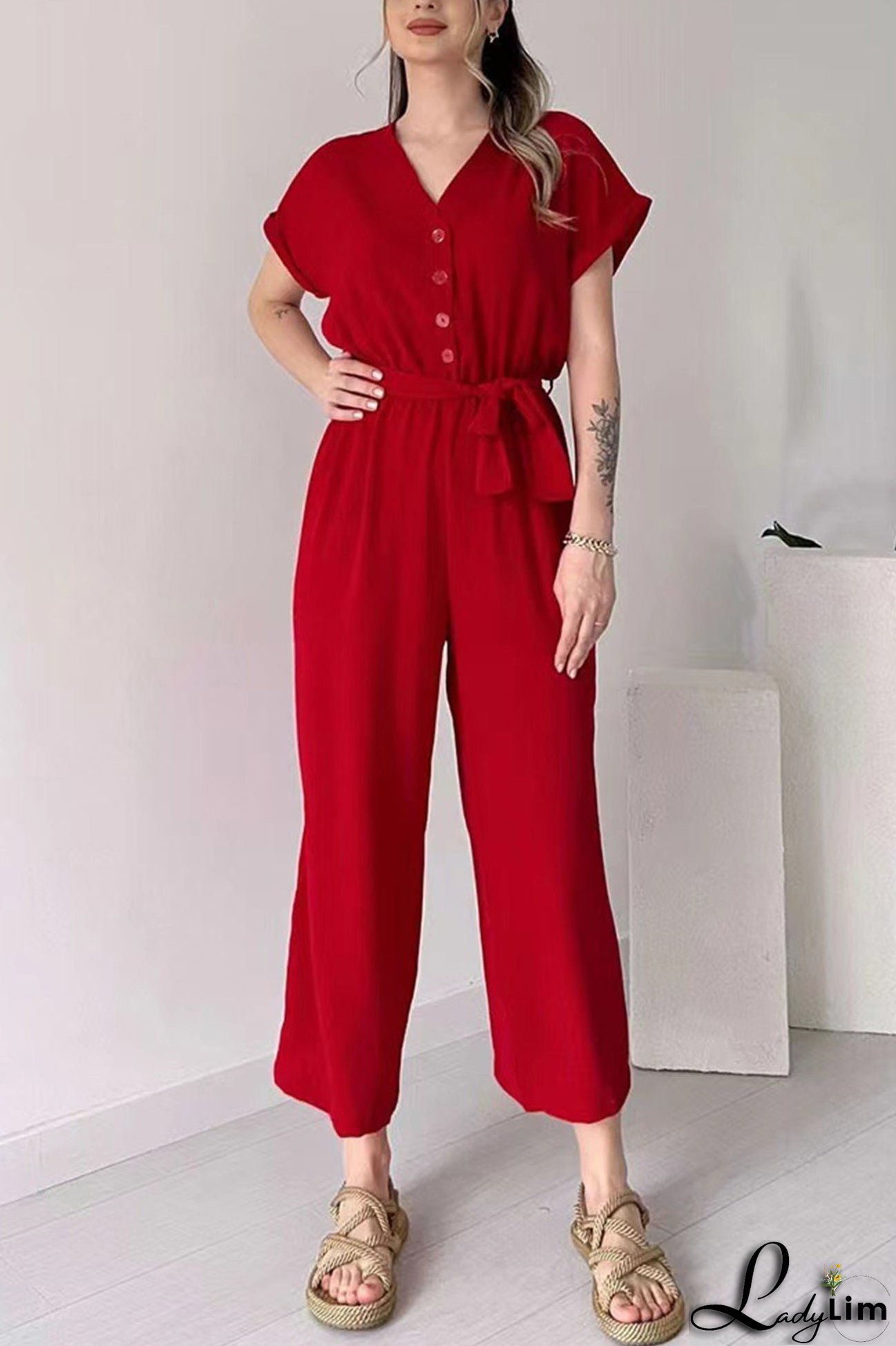 Short Sleeve Single-breasted Waisted Jumpsuits