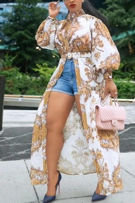 Fashion Printed Shirt Gold Top Dress (With Belt)