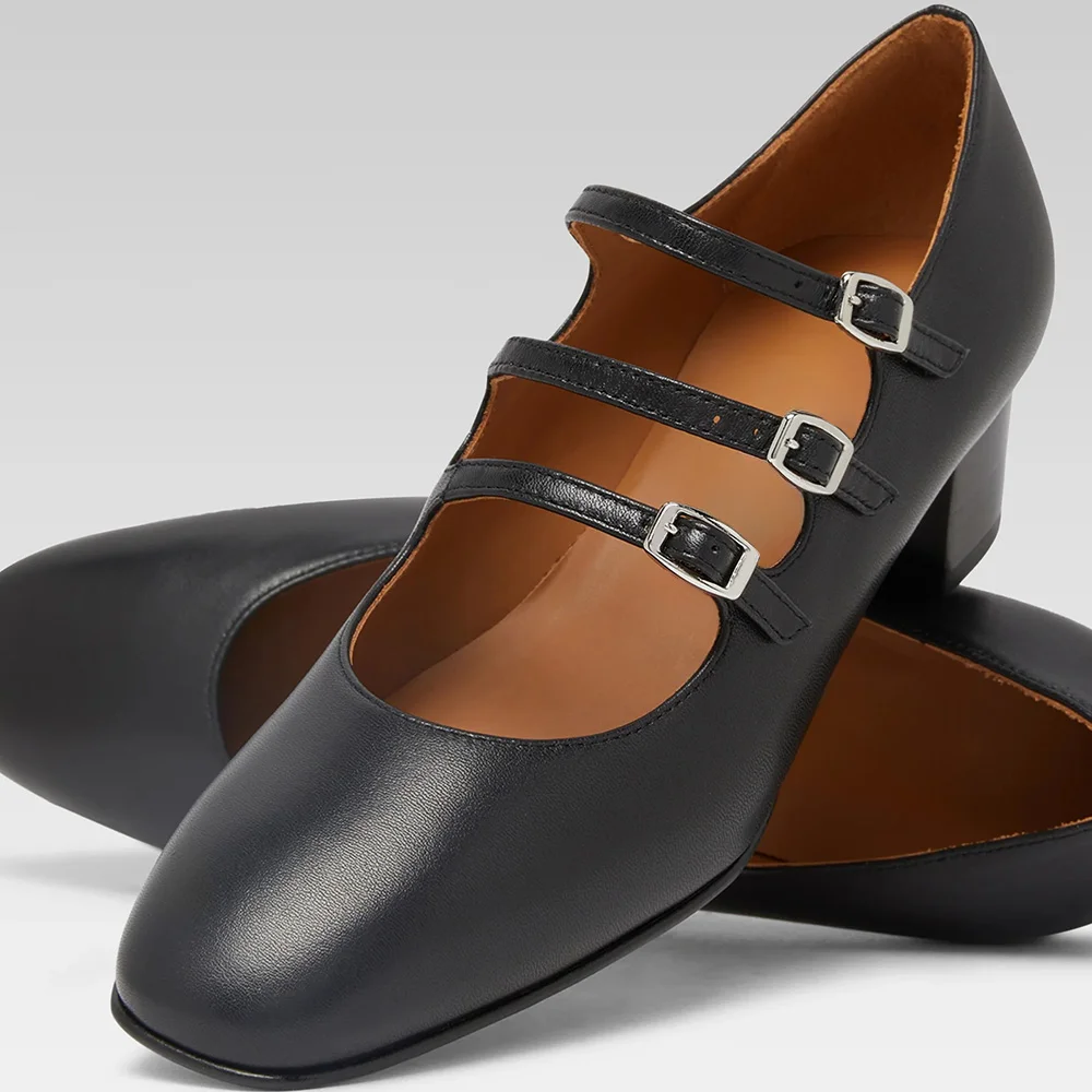 Black Vegan Leather Square Toe Low Heel Women Mary Jane Shoes