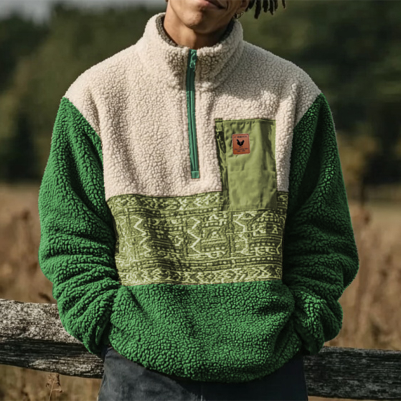 Men's Surfing Green Loose Casual Autumn And Winter New Lambskin Splicing Sweatshirt
