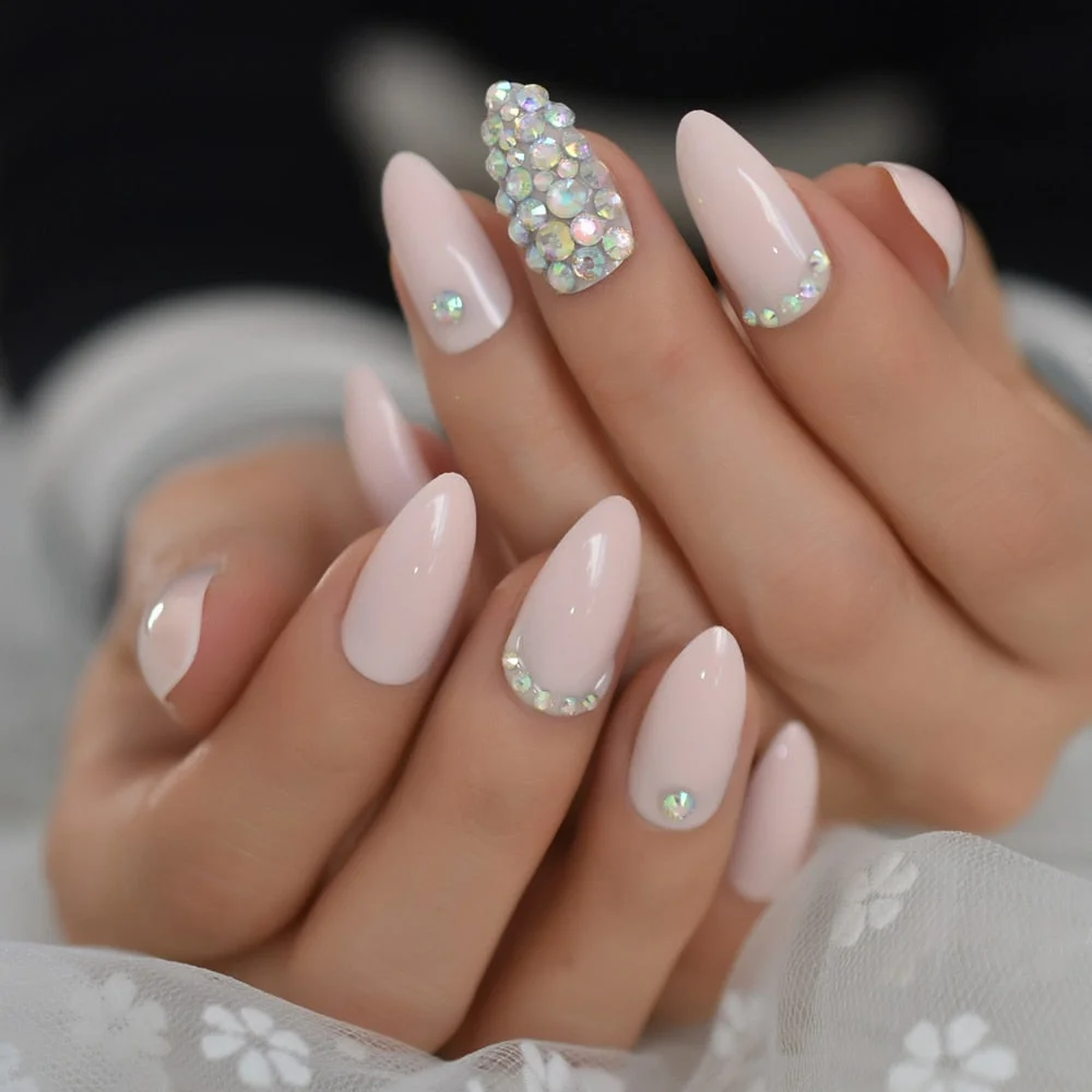 Pink Fake Nails Press On Full Cover Acrylic Nail Tips Flower Almond Medium False Nail With Design Pearl Decoration-Nail Inspo